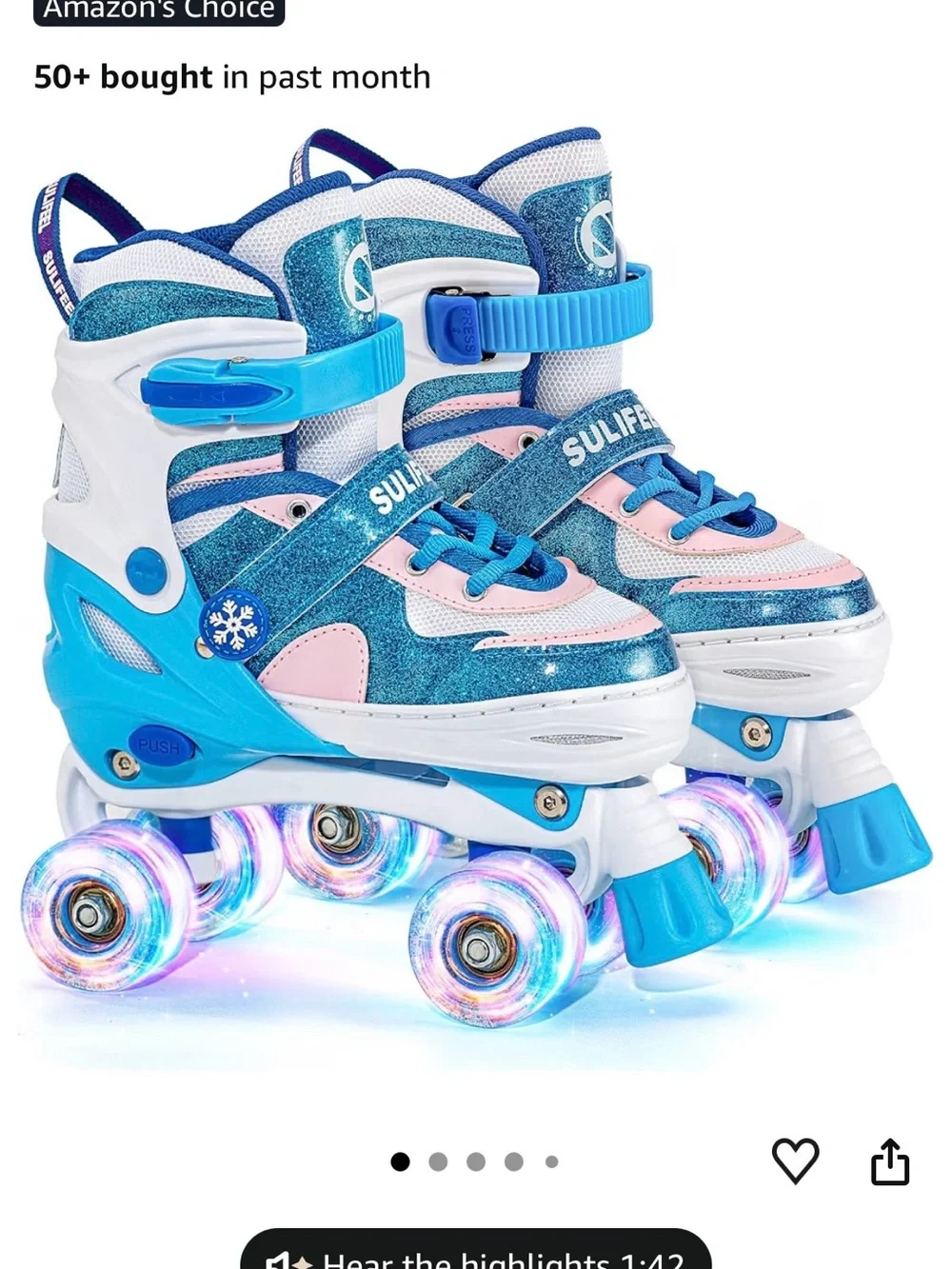 Kids Teal Blue and Pink Glitter Wheel Quad Rollerskates